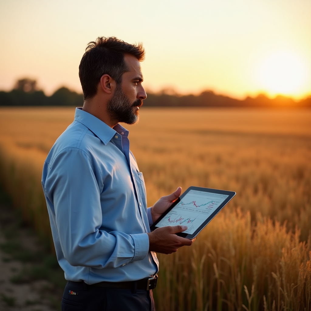 Manager reviewing financial reports in an agricultural field setting